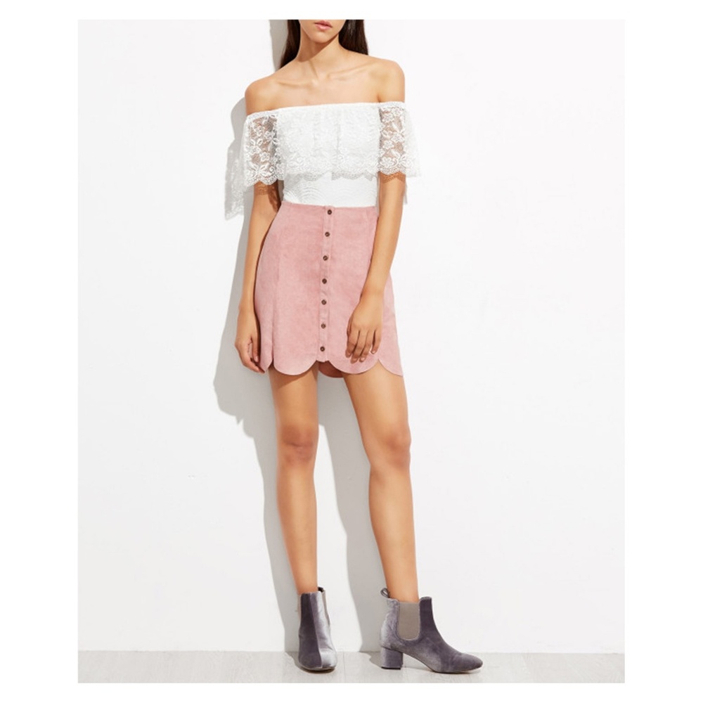 Pink Faux Suede Button Down Scallop Skirt - Picture 4 of 5